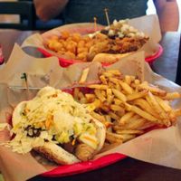vegan bratwurst and tots at Dirty Franks Hot Dog Palace in Columbus