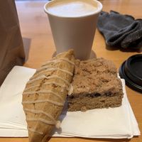 Vegan scone, coffee cake, and latte.  at Gryphon Cafe in West Chester