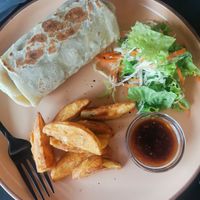 Spicy burrito wrap with wedges and salad at Vegan Tranquil Rose in Kandy
