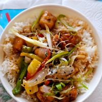 Sweet and sour tofu at Forked Up Vegan Kitchen - Blackstock Market in Liverpool