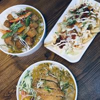 Salt and pepper tofu, katsu, and kimchi fries  at Forked Up Vegan Kitchen - Blackstock Market in Liverpool