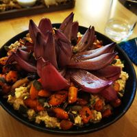 Terre de Feu UN BOL COMPLET-Garden of plants: roasted red onion lotus, barley and Borlotti beans, caramelized carrots  , pistachios and dried apricots , lactofermented turnips , fe at Hakko in Montpellier