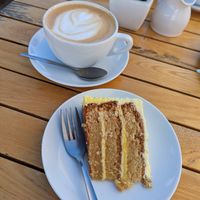 Oat milk latte & lemon cake at Leeds Urban Bike Park & Cafe in Leeds