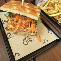 The Bahn mi burger on gluten free bread. Tasty but I wish it had a little more greens   at Brewlab Craft Beer Cafe in Derwent Park
