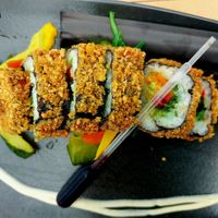 Crunchy sushi. However, small bite for 13 euros at Nautilus aan Zee in Egmond Aan Zee
