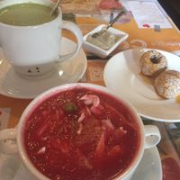 Borscht and Matcha tea at Nebos in Kyiv