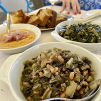 Fava grilled bread with oil and oregano, black eyed beans and spinach and rice    at Paradise Beach  in Kefalonia