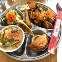 Lunch special with samosa, spring roll and pad see ew at Farmhouse Kitchen Thai Cuisine - SE Hawthorne in Portland