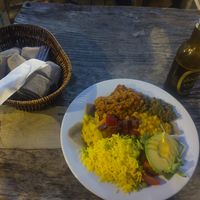 Vegan platter with injera and a beer. Very tasty! at Kaffa Coffee in North London