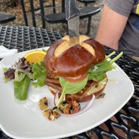 Muffuletta sandwich with pretzel bun  at End of the Line Cafe in Pensacola