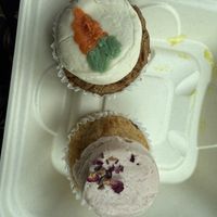 Carrot & Strawberry Rose Cupcakes (not pictured: Lemon Strawberry- the best!). All so good and big!   at End of the Line Cafe in Pensacola
