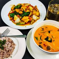 Red Curry, mixed veggies w/cashews and red rice. at Chada Vegetarian Restaurant in Chiang Mai