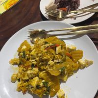 Pumpkin vegetables - this dish contains egg! Here is the remade dish with tofu instead. Has a curry flavour. at Chada Vegetarian Restaurant in Chiang Mai