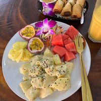 Potato salad came with fresh fruit! Very pretty breakfast. at Chada Vegetarian Restaurant in Chiang Mai