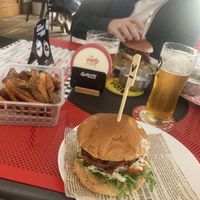 One vegetarian and one vegan burger + French fries - really good, and beer   at Pick'n'eat in Olomouc