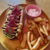 No dog with chips and garlic sauce  at Boca Boca Vegan Guilty Pleasure in Warsaw