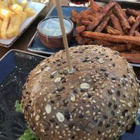 Burger with sweet potatoe and normal fries   at Peter Pane - Neue Promenade in Berlin