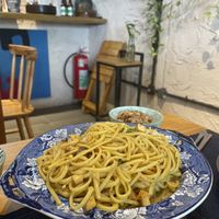 Linguine com bacon vegano e molho de queijo  at Inari in Rio De Janeiro