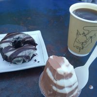 Gluten free zebra donut, swirl soft serve, and coffee at nami Vegan Sweets in Phoenix