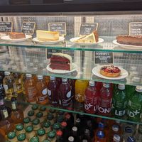 Cakes with vegan options marked at Levels Café and Lounge in Edinburgh