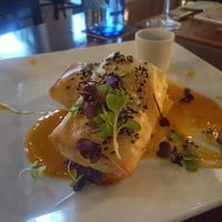 Vegetable filled crispy filot rolls with maracuia sauce and chili sip at Restaurante Anoa Santanyí in Mallorca