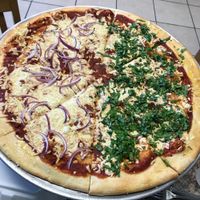 20” pie with Daiya cheese. Half onion and half basil  at Vertoris Pizza House in Bradenton