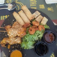 Shared platter with vegan and non vegan options at Siam Thai in Santiago