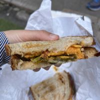 Sweet potato sandwich with vegan cheese and marinated kale  at Laughing V in New York City