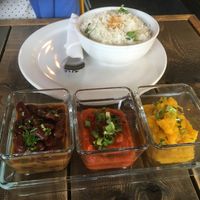 Vegan curries with rice at Cafe Bel-Air in Edmonton