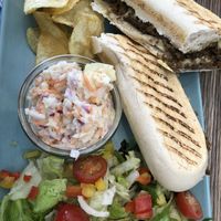 Vegan haggis and cheeze toastie with crisps, vegan coleslaw and salad  at No. 19 in Avoch