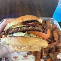 Vegan #2 with sweet fries and extra tomatoes   at Rez Burger  in Mckinney