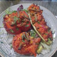 legume umplute (tomato, paprika and zuccini filled with rice and vegetables) at Restaurant Bon Appetit in Campina