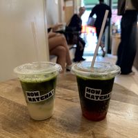 Matcha latte left and blood orange tonic matcha right   at How Matcha! in London