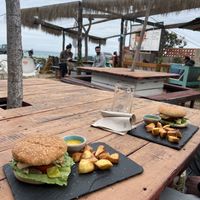 Tofu burger with peanut saucee  at Pura Vida in Alcossebre