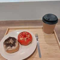 raspberry pistachio donuts and iced soy latte at Trick or Treat Vegan Sweets (formerly Canelita Sweets) in Osaka