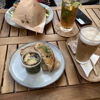 Marinated avocado with sourdough bread and iced late  at Avokádo in Brno