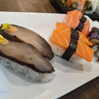 Portobello, salmon and eggplant nigiri at OPLANTE Vegan Sushi & Wok  in Montreal