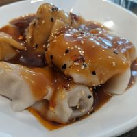 Dumplings with spicy peanut sauce (not really spicy though) at OPLANTE Vegan Sushi & Wok  in Montreal