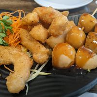 Salt and pepper shrimp and mushroom kebabs at OPLANTE Vegan Sushi & Wok  in Montreal