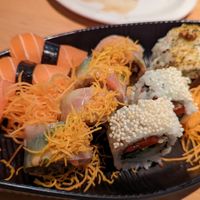 "tuna" and "salmon" sushi on the left at OPLANTE Vegan Sushi & Wok  in Montreal