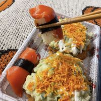 Sushi pizza, and “salmon” sushi.  at OPLANTE Vegan Sushi & Wok  in Montreal