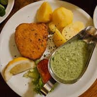 Vegan schnitzel,  green sauce, and boiled potatoes at Dauth-Schneider in Frankfurt