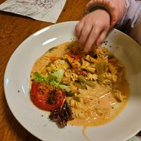 Vegan pasta,  excuse the baby hands.  They enjoyed it, too. at Dauth-Schneider in Frankfurt