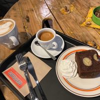 Vanilla latte, espresso, and choco banana loaf  at Caffeinated in Busan