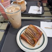 Vanilla Latte with Soy Milk and Vegan banana breadd  at Caffeinated in Busan