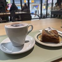 Vegan chocolate latte/milk with oat milk + vegan banana breadd  at Caffeinated in Busan