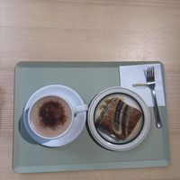 Vegan chocolate latte/milk with oat milk + vegan banana bread  at Caffeinated in Busan