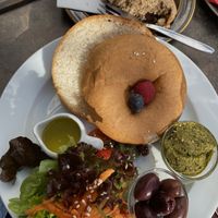 Bagel with pesto instead of hummus and marzipan Guglhupf cake   at Cafe Guglhupf in Munich