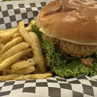 chickn burger ($16) with fries (+$5😔)  at Not Ya Mama's Vegan Cafe in Salem