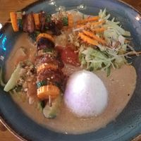 Seitan Sticks with Vegetables + Rice, Salad and a Peanut Sauce at Saigon Dragon in Berlin